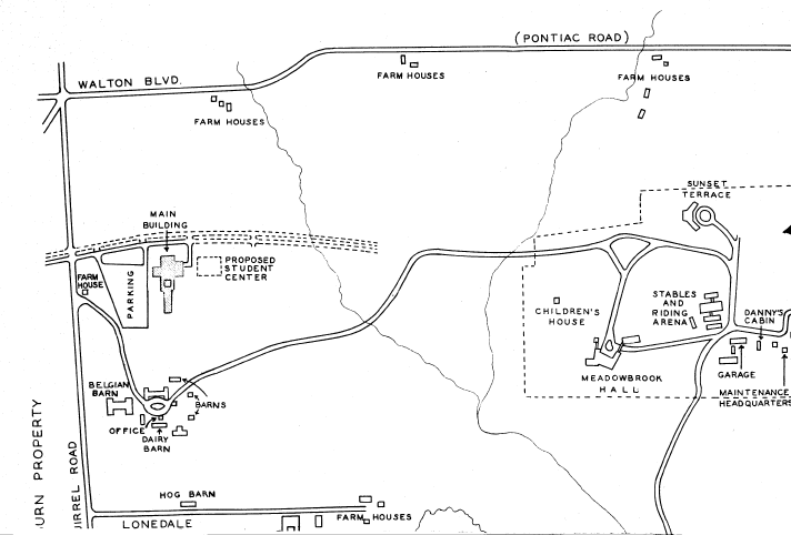 1958 map of the west side of Meadow Brook Estate and future campus